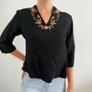 Vintage 70s embroidered quarter sleeve floral black womens blouse top boho XS